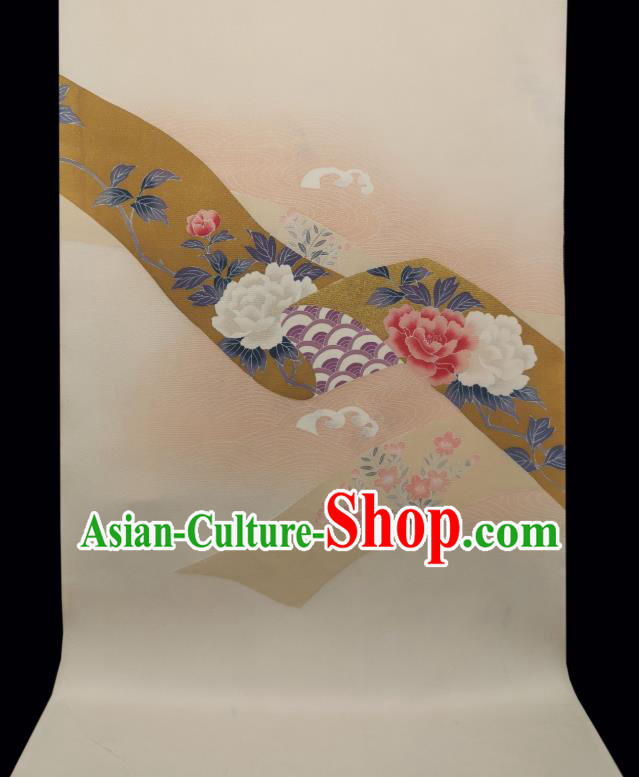 Asian Japan Classical Peony Pattern Beige Brocade Traditional Silk Fabric Japanese Kimono Cloth Drapery