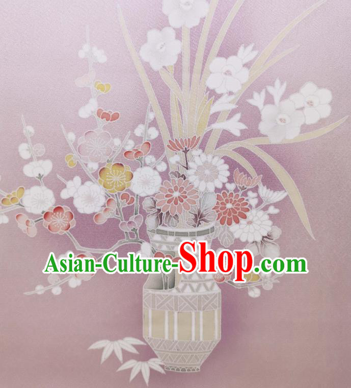 Asian Japanese Traditional Kimono Silk Fabric Japan Hand Painting Plum Orchids Chrysanthemum Lilac Brocade