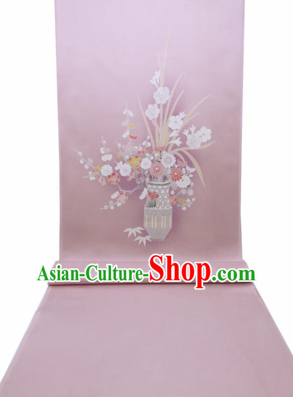 Asian Japanese Traditional Kimono Silk Fabric Japan Hand Painting Plum Orchids Chrysanthemum Lilac Brocade