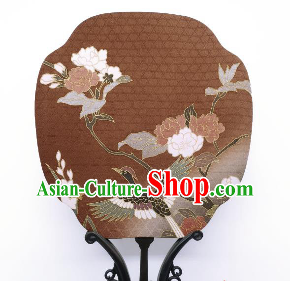 China Hand Painting Crane Flowers Palace Fan Brown Silk Fan Traditional Cheongsam Dance Fans