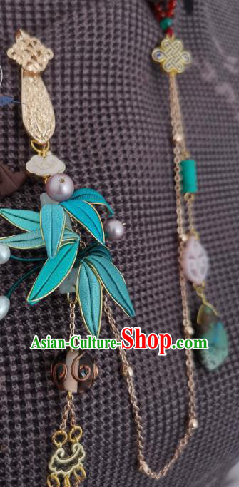 China Traditional Cheongsam Brooch Accessories Handmade Blue Silk Bamboo Leaf Lappet Pendant