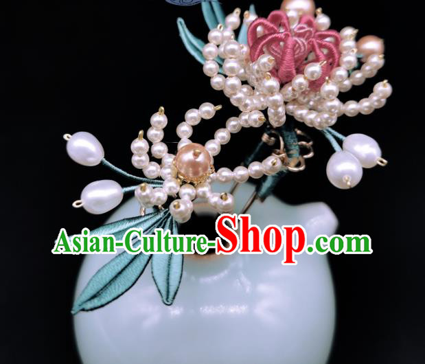Chinese Traditional Qing Dynasty Pearls Chrysanthemum Hairpin Handmade Ancient Imperial Concubine Hair Stick