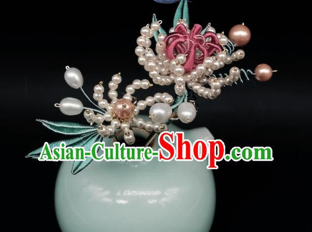Chinese Traditional Qing Dynasty Pearls Chrysanthemum Hairpin Handmade Ancient Imperial Concubine Hair Stick
