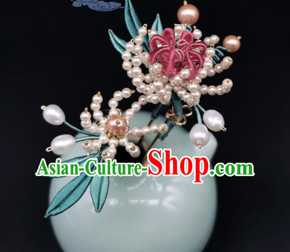 Chinese Traditional Qing Dynasty Pearls Chrysanthemum Hairpin Handmade Ancient Imperial Concubine Hair Stick