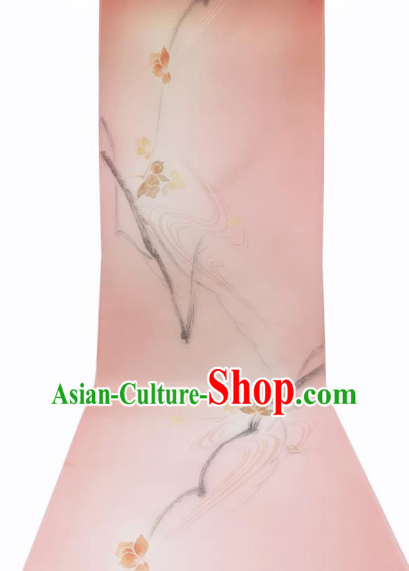 Asian Japanese Yukata Pink Silk Fabric Japan Traditional Kimono Ink Painting Flower Brocade Material