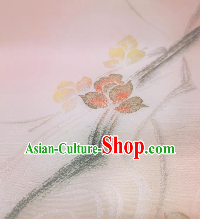 Asian Japanese Yukata Pink Silk Fabric Japan Traditional Kimono Ink Painting Flower Brocade Material