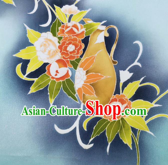 Asian Japan Traditional Kimono Hand Painting Camellia Brocade Material Japanese Yukata Blue Silk Fabric