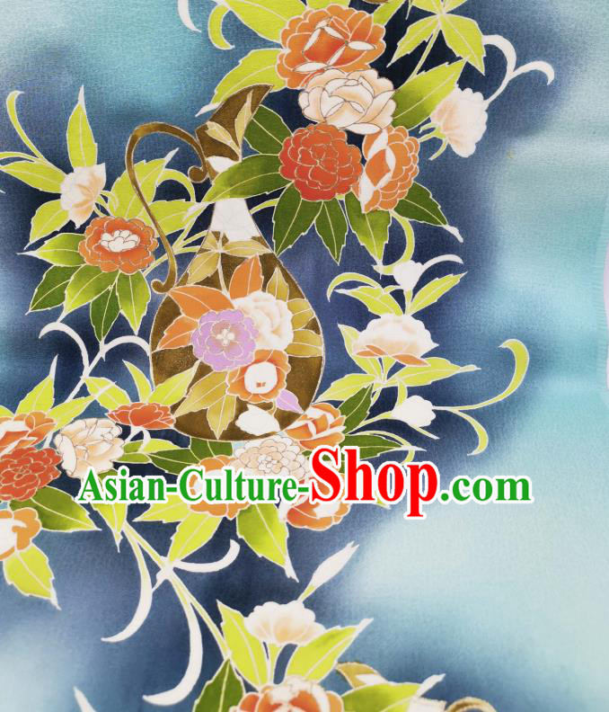 Asian Japan Traditional Kimono Hand Painting Camellia Brocade Material Japanese Yukata Blue Silk Fabric