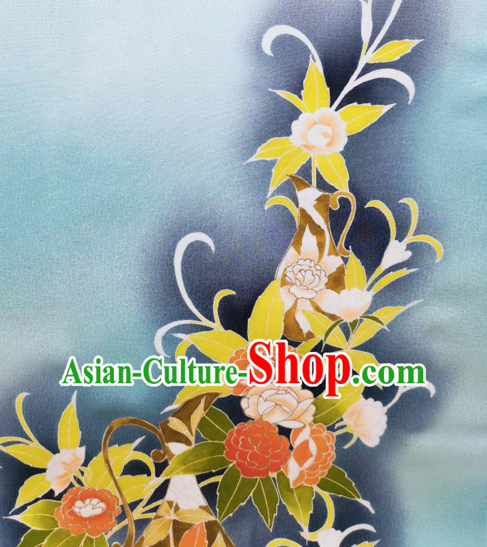 Asian Japan Traditional Kimono Hand Painting Camellia Brocade Material Japanese Yukata Blue Silk Fabric