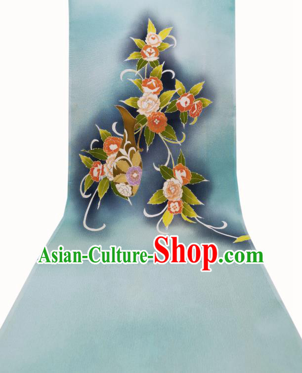 Japan Traditional Silk Fabric Kimono Blue Brocade Material Asian Japanese Yukata Hand Painting Camellia Tapestry