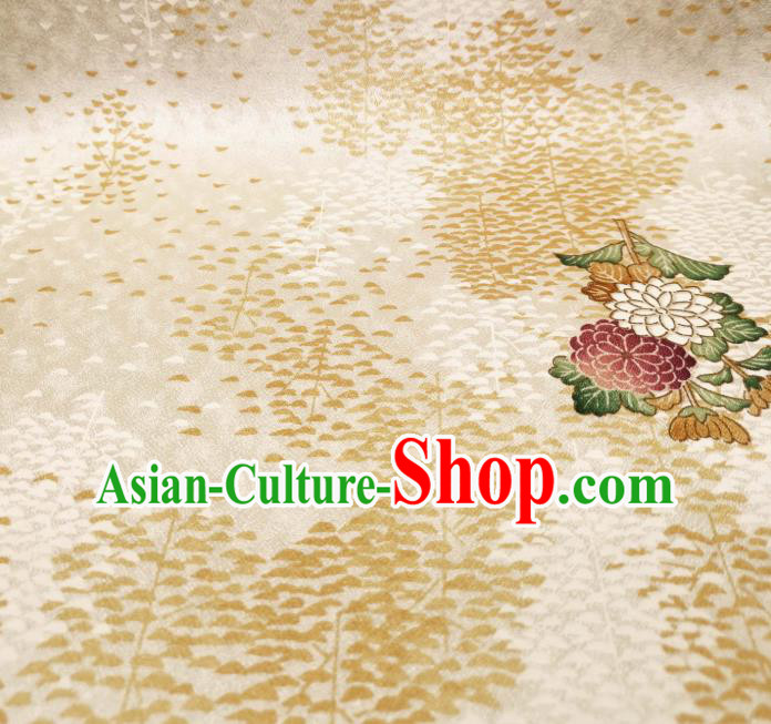 Asian Japanese Yukata Beige Silk Fabric Japan Traditional Kimono Printing Brocade Material