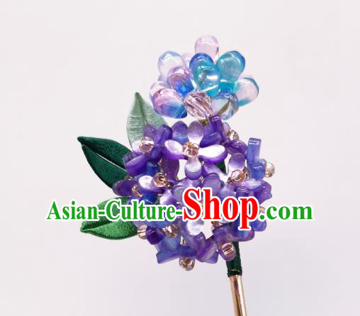 Chinese Traditional Hanfu Hairpin Handmade Ancient Palace Lady Purple Hydrangea Hair Stick