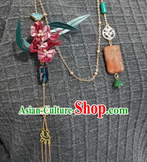 China Traditional Cheongsam Jade Brooch Accessories Handmade Pink Silk Orchids Lappet Pendant