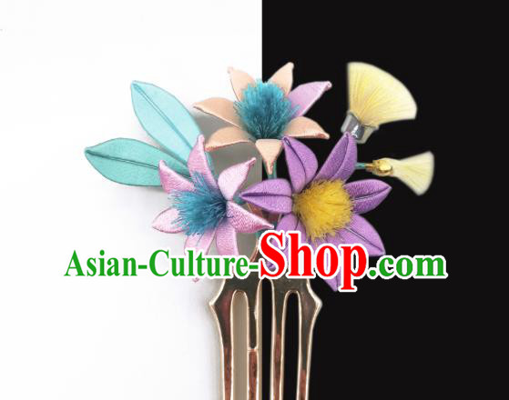 Chinese Traditional Hanfu Hairpin Hair Accessories Handmade Ancient Princess Purple Silk Flowers Hair Comb