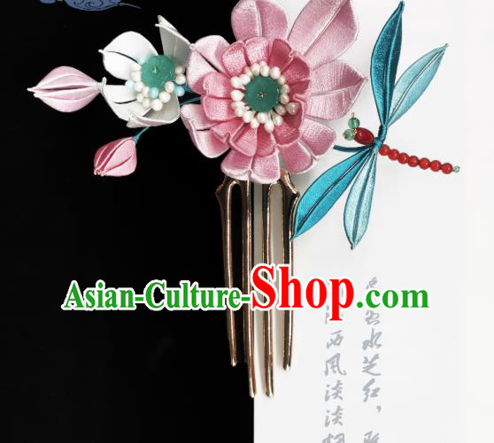 Chinese Handmade Ancient Princess Pink Silk Lotus Hairpin Hanfu Hair Accessories Traditional Beads Dragonfly Hair Comb