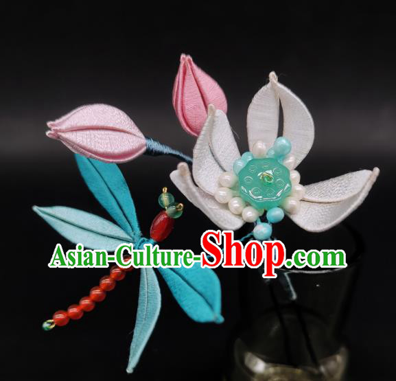 Chinese Handmade Hanfu Hair Accessories Traditional Hair Stick Ancient Princess Silk Lotus Dragonfly Hairpin
