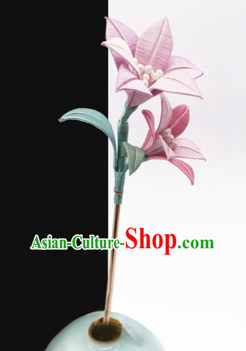 Chinese Traditional Pink Silk Lily Flowers Hair Stick Handmade Hanfu Hair Accessories Ancient Princess Hairpin