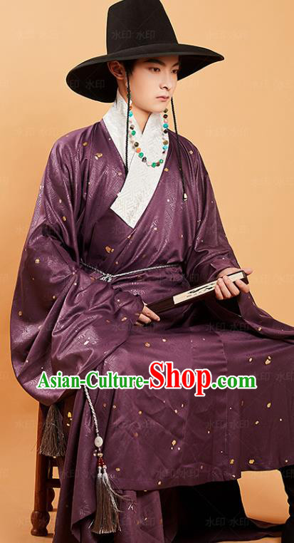 China Traditional Ming Dynasty Purple Priest Frock Ancient Swordsman Hanfu Clothing