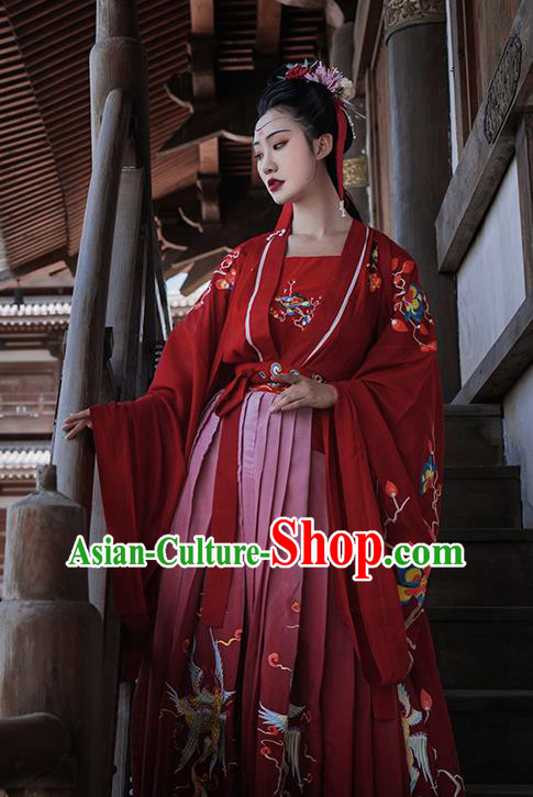 China Traditional Song Dynasty Embroidered Historical Clothing Ancient Princess Wedding Red Hanfu Dress Apparels for Woman