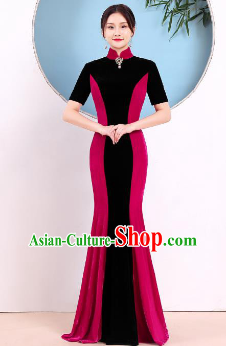 China Stage Show Rosy Velvet Cheongsam Catwalks Qipao Dress Modern Dance Fishtail Clothing