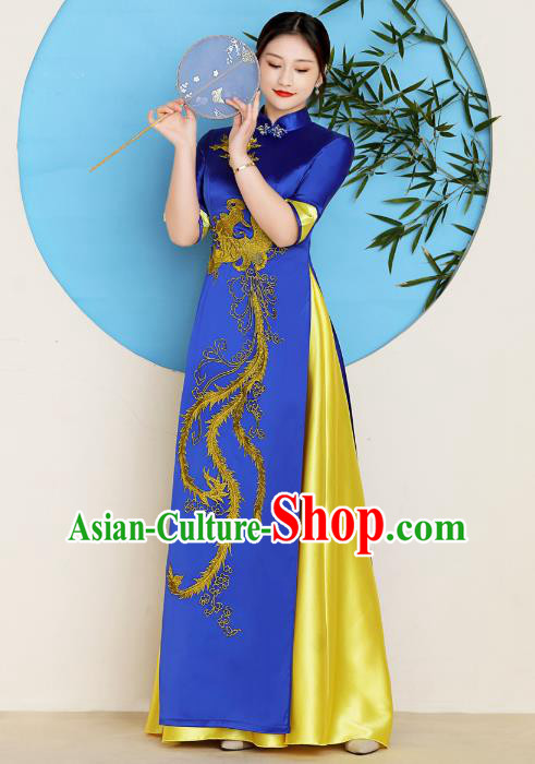 China Catwalks Royalblue Satin Qipao Dress Classical Dance Clothing Stage Performance Embroidery Golden Phoenix Cheongsam