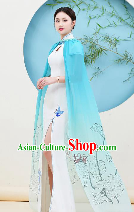 China Stage Performance Cheongsam Catwalks Fishtail White Qipao Dress Woman Blue Cape Suits Clothing
