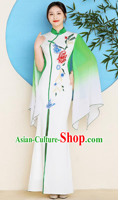 China Catwalks Fishtail Qipao Dress Young Woman Clothing Stage Performance Embroidery Peony Cheongsam