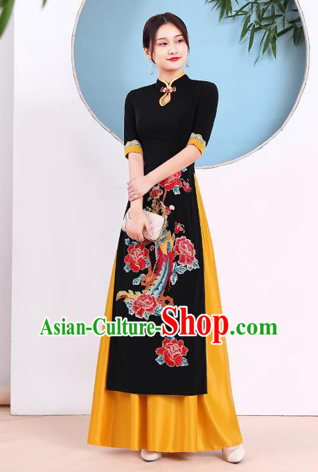 China Catwalks Ao Dai Qipao Dress Modern Dance Clothing Stage Performance Embroidery Phoenix Peony Black Cheongsam