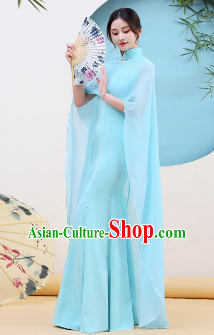 China Catwalks Light Blue Qipao Dress Stage Performance Fishtail Cheongsam Woman Classical Dance Clothing