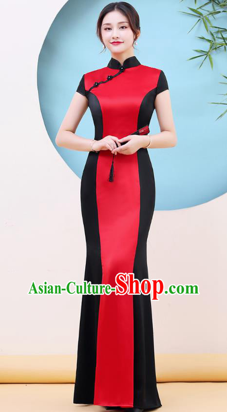 China Woman Chorus Clothing Catwalks Red Qipao Dress Stage Performance Fishtail Cheongsam