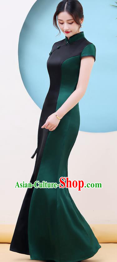 China Stage Performance Fishtail Cheongsam Woman Chorus Clothing Catwalks Deep Green Qipao Dress