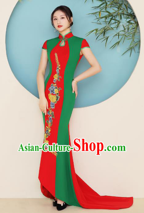 China Catwalks Embroidery Qipao Dress Stage Performance Trailing Cheongsam Woman Wedding Clothing