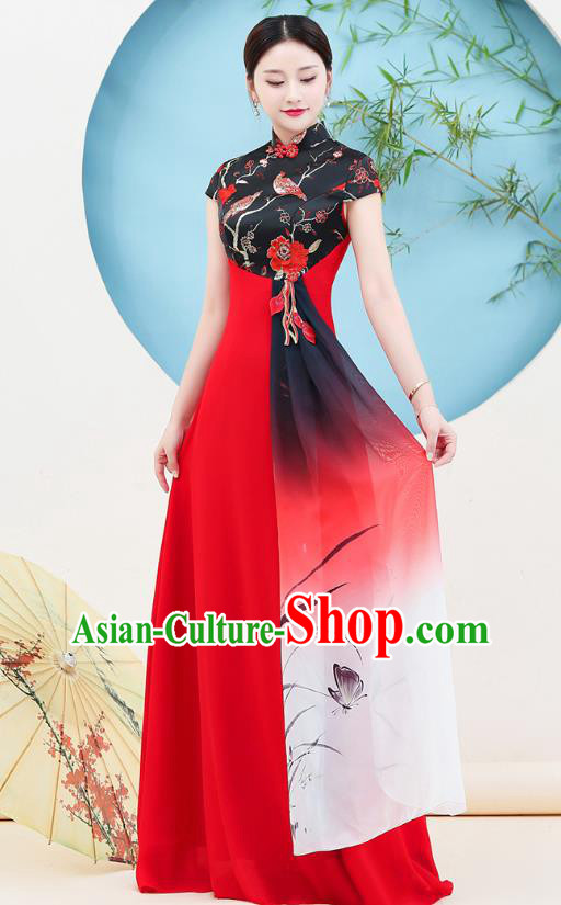 China Mother Chorus Clothing Catwalks Ink Painting Chiffon Qipao Dress Stage Show Cheongsam