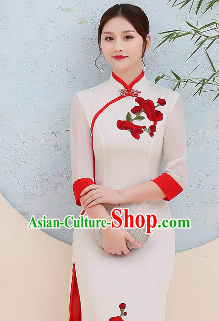 China Woman Classical Dance Qipao Dress Embroidery Red Flowers Cheongsam Stage Show Clothing
