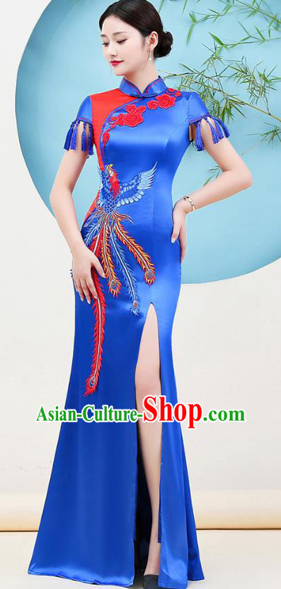 China Woman Umbrella Dance Royalblue Satin Qipao Dress Embroidery Phoenix Cheongsam Stage Show Clothing