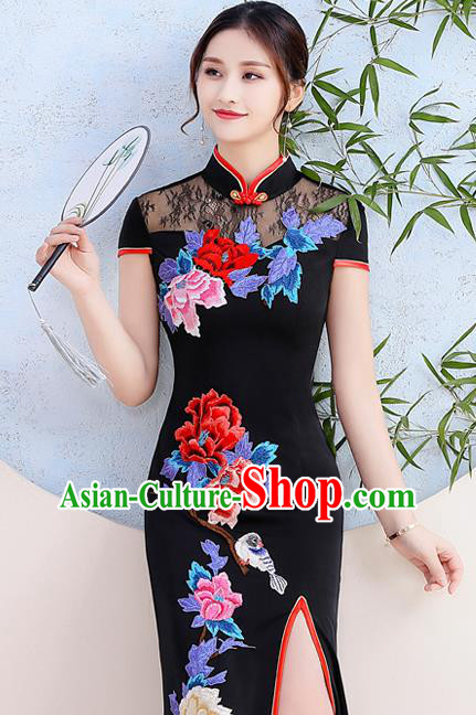 China Catwalks Embroidery Peony Cheongsam Stage Show Clothing Woman Black Satin Qipao Dress
