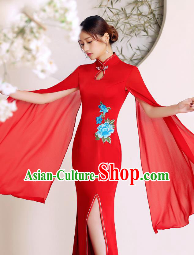 China Stage Performance Embroidery Cheongsam Woman Wedding Fishtail Dress Clothing Catwalks Red Chiffon Sleeve Qipao