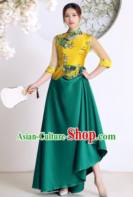Chinese Traditional Chorus Costumes Stage Performance Printing Yellow Blouse and Green Skirt Outfits