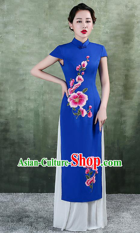 China Stage Performance Aodai Clothing Classical Embroidery Royalblue Satin Qipao Dress Catwalks Show Cheongsam
