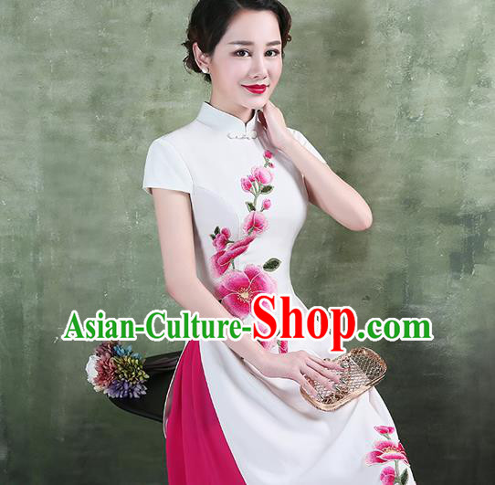 China Classical Dance Embroidery White Satin Qipao Dress Catwalks Show Aodai Cheongsam Stage Performance Clothing