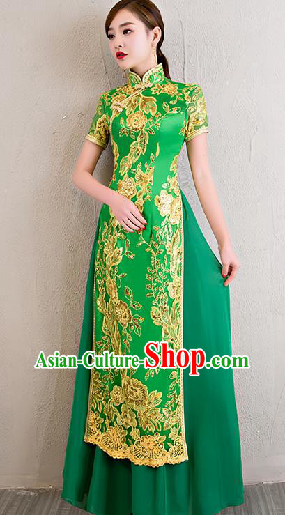 China Classical Dance Lace Sequins Green Qipao Dress Catwalks Show Aodai Cheongsam