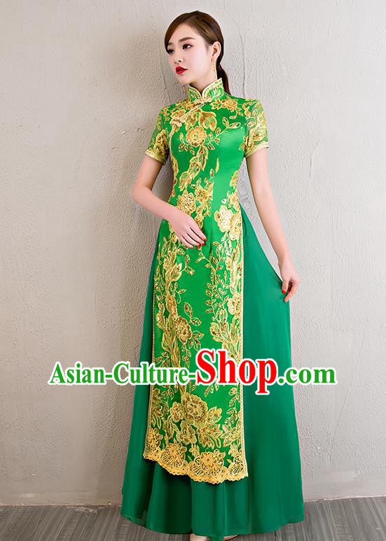 China Classical Dance Lace Sequins Green Qipao Dress Catwalks Show Aodai Cheongsam