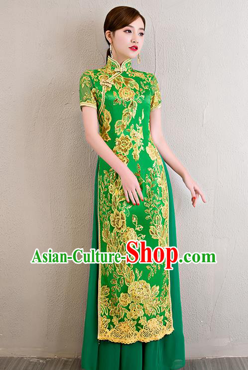 China Classical Dance Lace Sequins Green Qipao Dress Catwalks Show Aodai Cheongsam