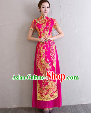 China Classical Dance Lace Sequins Rosy Qipao Dress Bride Clothing Catwalks Show Aodai Cheongsam