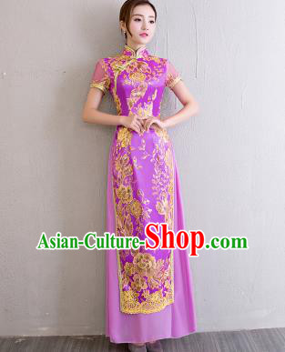 China Bride Clothing Catwalks Show Aodai Cheongsam Classical Dance Lace Sequins Violet Qipao Dress