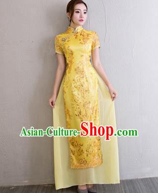 China Modern Catwalks Show Aodai Cheongsam Classical Lace Sequins Golden Qipao Dress Chorus Clothing