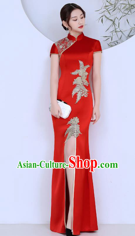 China Classical Red Satin Qipao Catwalks Show Cheongsam Stage Performance Evening Dress Clothing