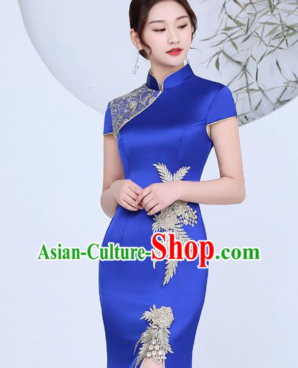 China Catwalks Show Cheongsam Stage Performance Evening Dress Clothing Classical Royalblue Satin Qipao