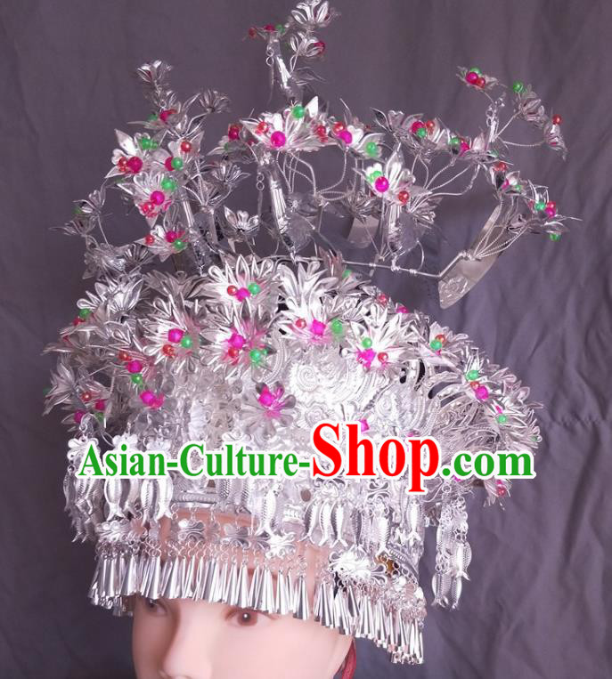 China Guizhou Miao Nationality Folk Dance Silver Phoenix Coronet Traditional Ethnic Woman Hat Hair Accessories