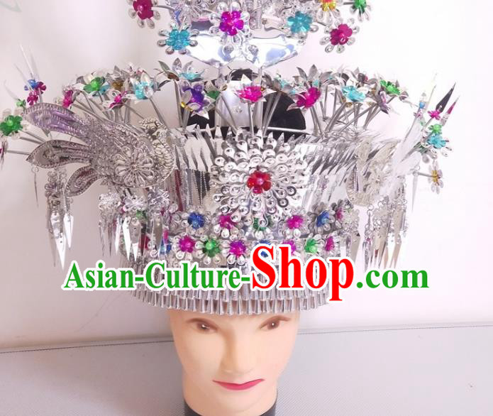 China Traditional Silver Hair Accessories Hmong Ethnic Phoenix Coronet Guizhou Miao Nationality Hair Crown Hat